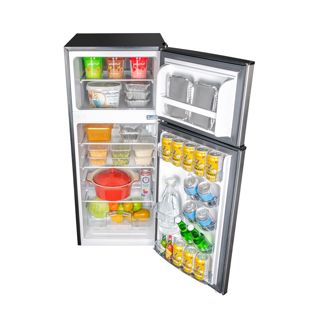 Danby appliances 4.5 cu ft compact fridge stainless DCR045B1SLDB 2 door open front view showing interior stocked with food and beverages