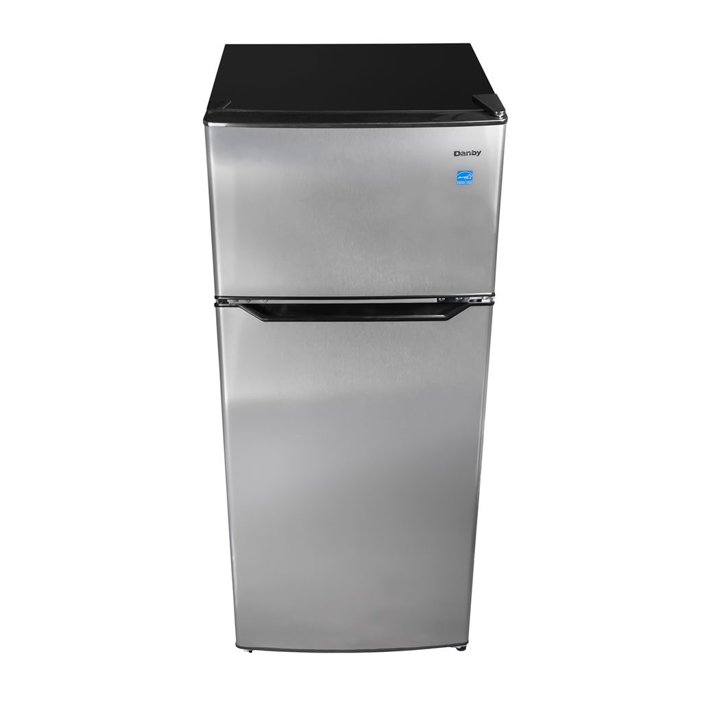 Danby appliances 4.5 cu ft compact fridge stainless DCR045B1SLDB 2 door upper angled view showing top surface and cabinet design