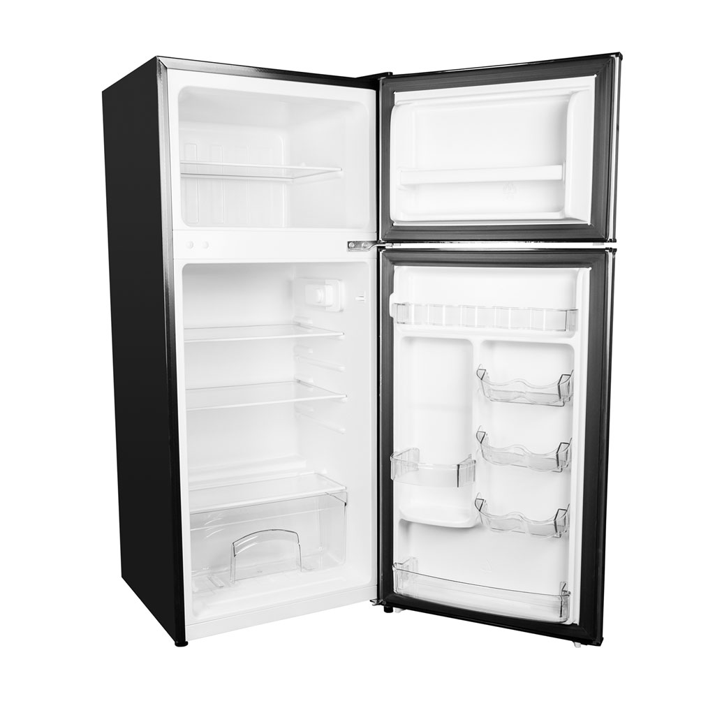 Danby appliances 4.5 cu ft compact fridge stainless DCR045B1SLDB 2 door open front view showing empty freezer and refrigerator sections