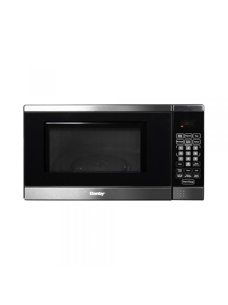 Micro-ondes sous meuble Danby 0,7 pi3 DDMW007501G1 avec garniture en acier inoxydable, porte en verre noir et panneau de commande numérique côté droit, présenté en vue frontale épurée sur fond uni