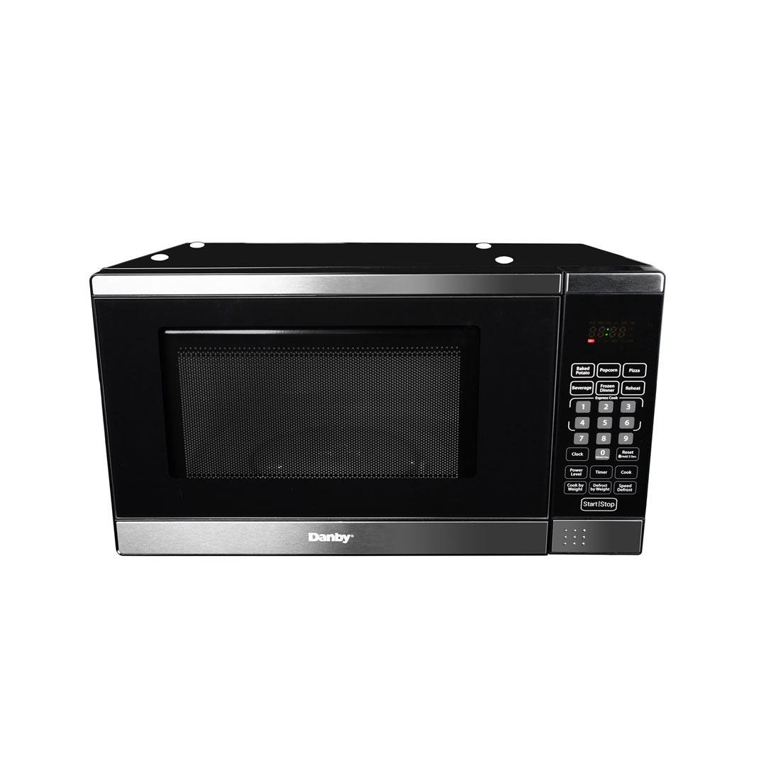 Danby appliances 0.7 cu ft under cabinet microwave DDMW007501G1 front view with black glass door, stainless steel trim, and right side digital control panel