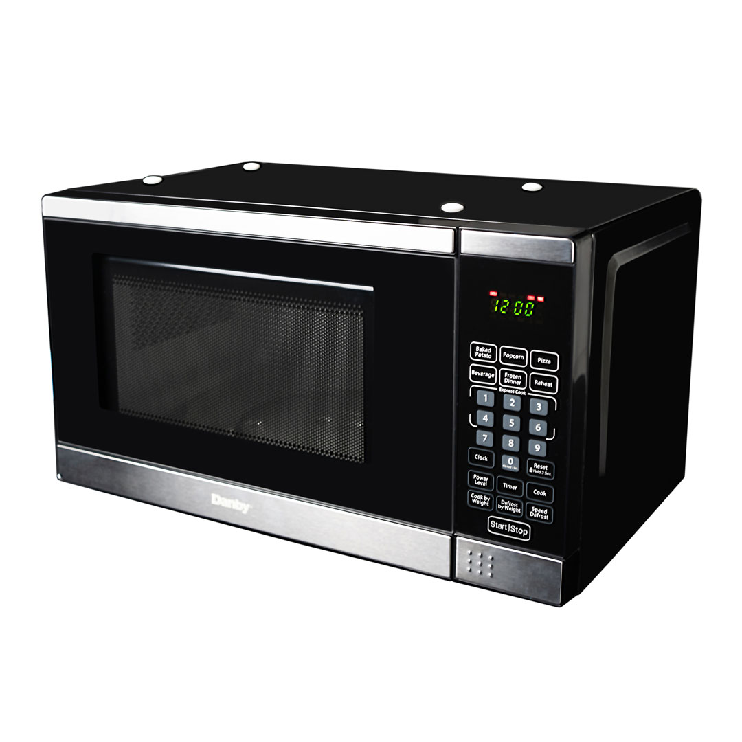 Danby appliances 0.7 cu ft under cabinet microwave DDMW007501G1 angled top left view showing stainless steel trim, black glass door, and right side digital control panel on a plain background