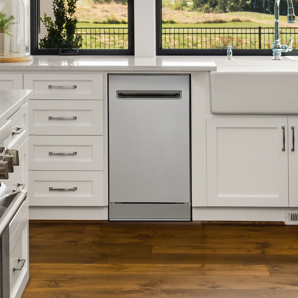 Danby 18" Top Control Dishwasher in Stainless Steel 3 Danby appliances 18 inch top control dishwasher stainless steel DDW18D1ESS installed in a modern kitchen with white cabinets and wooden floor shown in a front view
