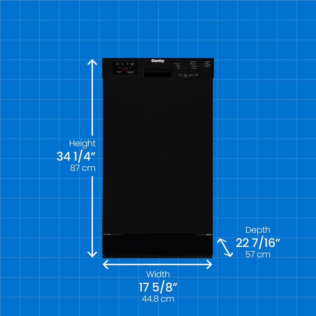 Danby appliances 18 inch built in dishwasher black DDW18D1EB with product dimensions overlay on blue background