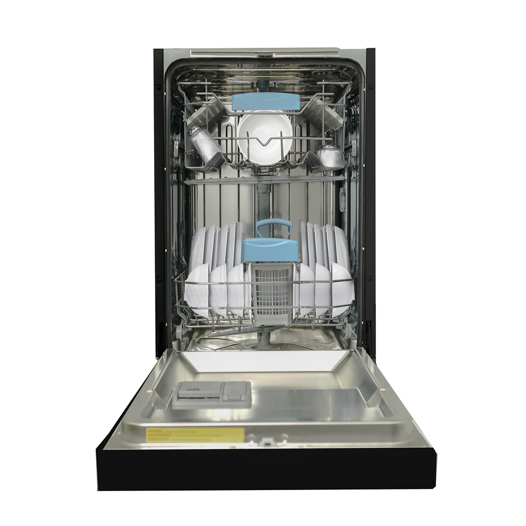 Danby appliances 18 inch built in dishwasher black DDW18D1EB interior showing upper and lower racks with utensil basket in open front view