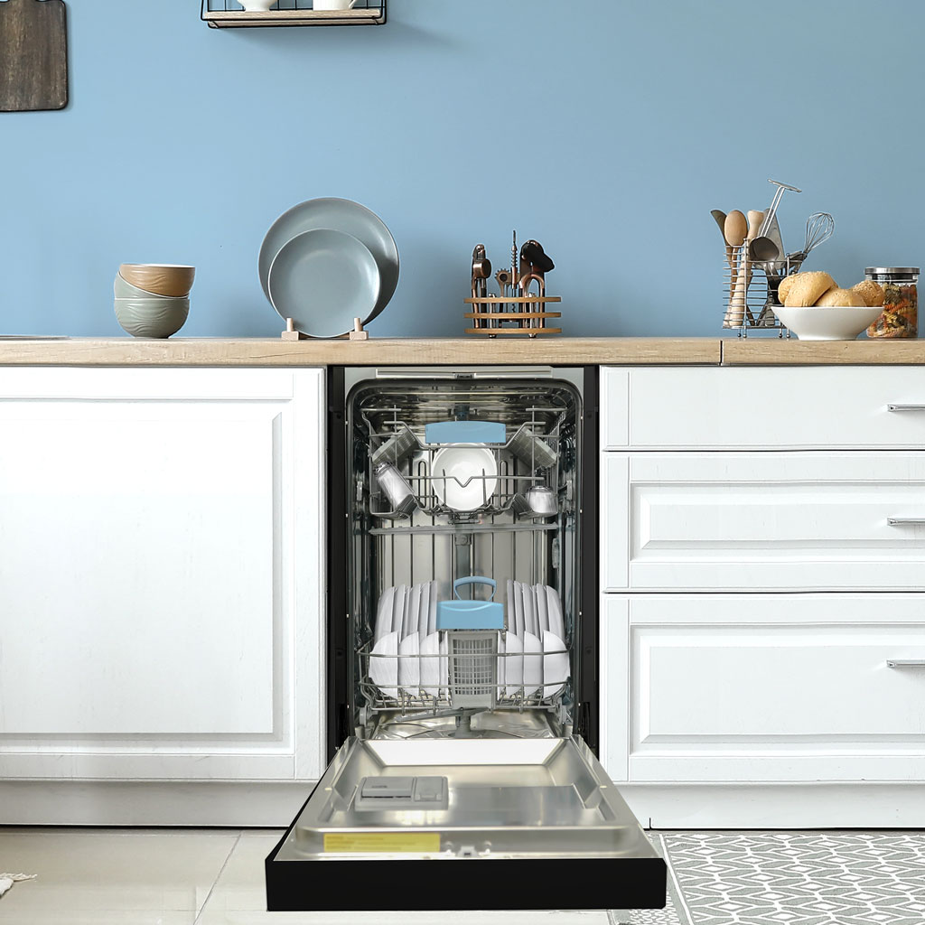Danby appliances 18 inch built in dishwasher black DDW18D1EB open with loaded racks showing plates, glasses, and utensils inside a kitchen setting