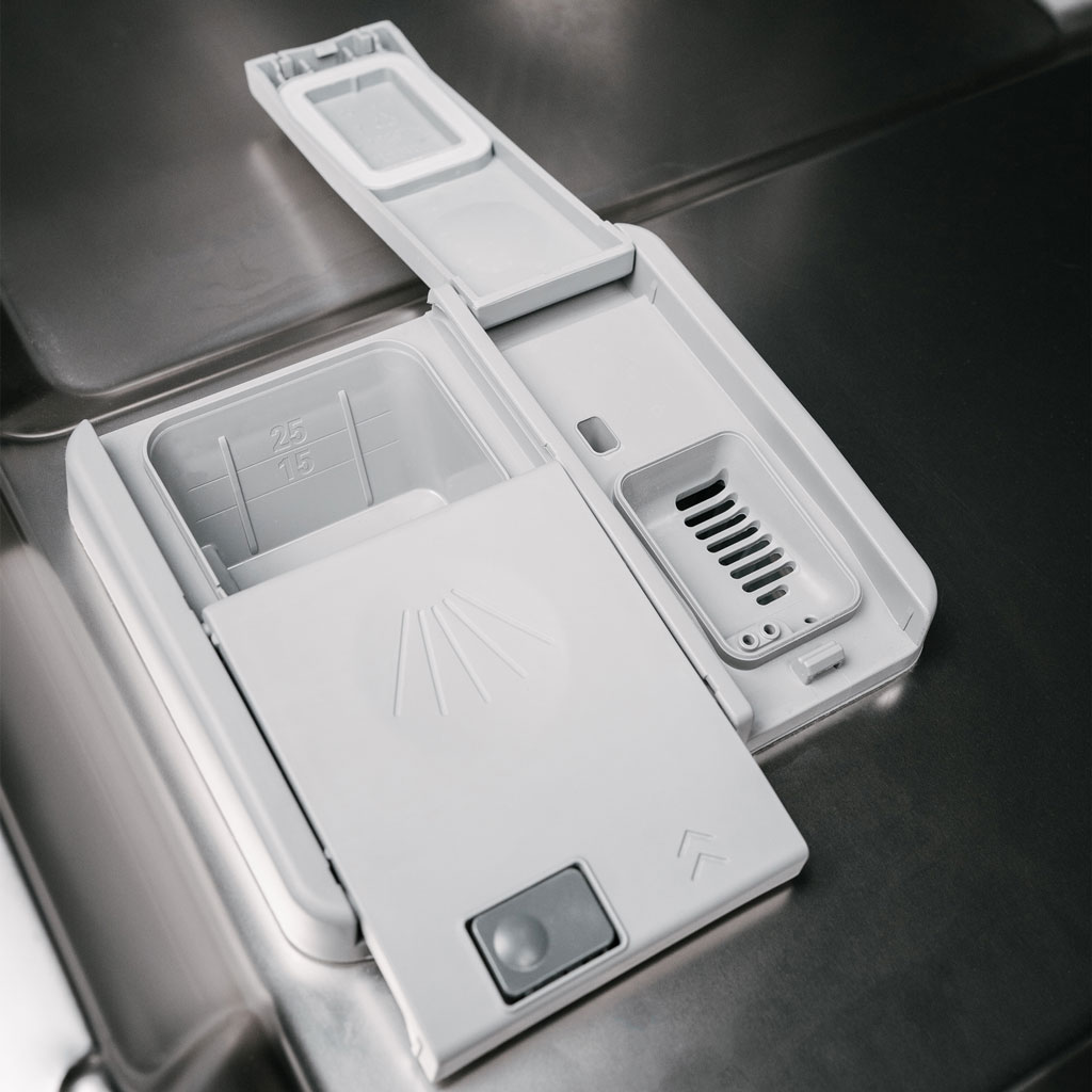 Danby appliances 18 inch built in dishwasher stainless steel DDW18D1ESS detergent dispenser compartment with rinse aid lid shown in a close-up view