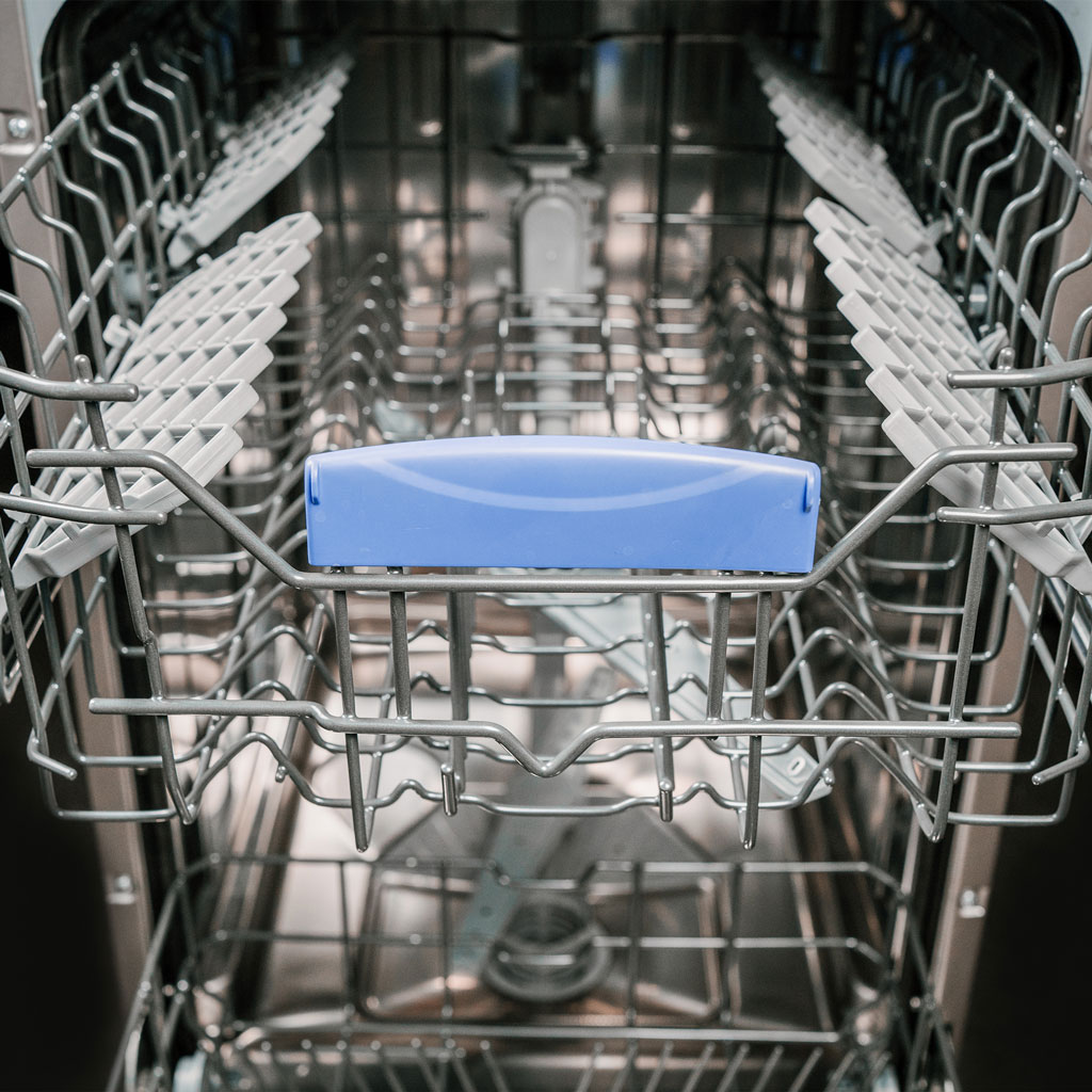 Danby appliances 18 inch built in dishwasher stainless steel DDW18D1ESS upper rack with blue handle and foldable tines shown in a close-up view