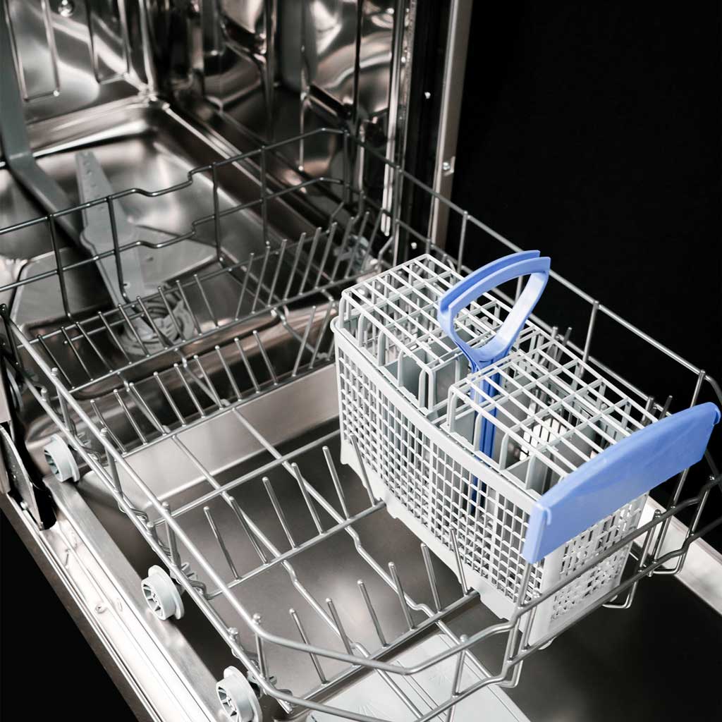 Danby appliances 18 inch built in dishwasher stainless steel DDW18D1ESS lower rack with dishes and blue handle shown in a close-up view