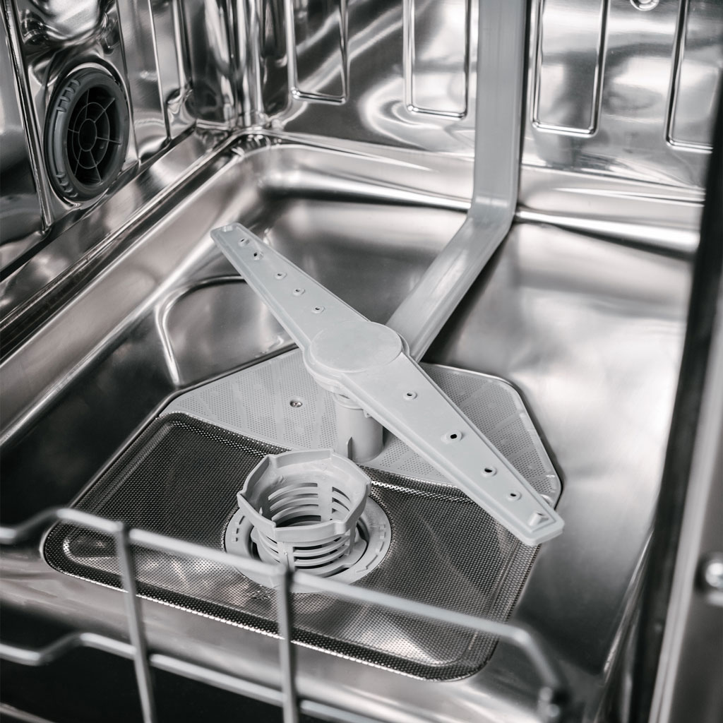 Danby appliances 18 inch built in dishwasher stainless steel DDW18D1ESS lower spray arm and rack support structure shown in a close-up interior view