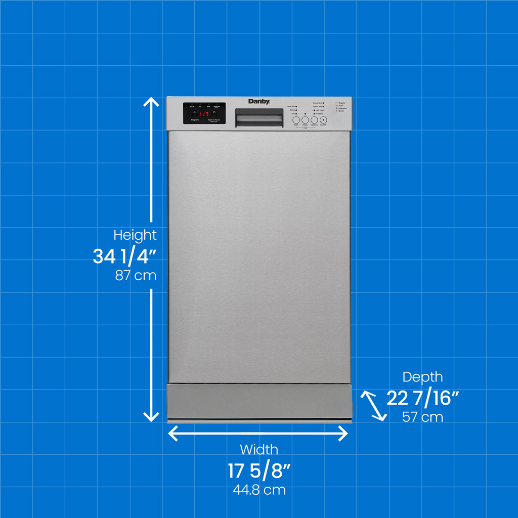 Danby appliances 18 inch built in dishwasher stainless steel DDW18D1ESS with product dimensions overlay on blue background