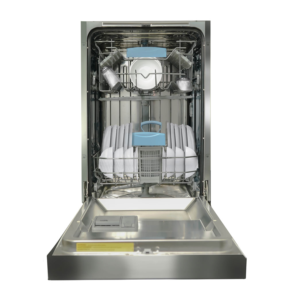 Danby appliances 18 inch built in dishwasher stainless steel DDW18D1ESS interior showing upper and lower racks with utensil basket in open front view