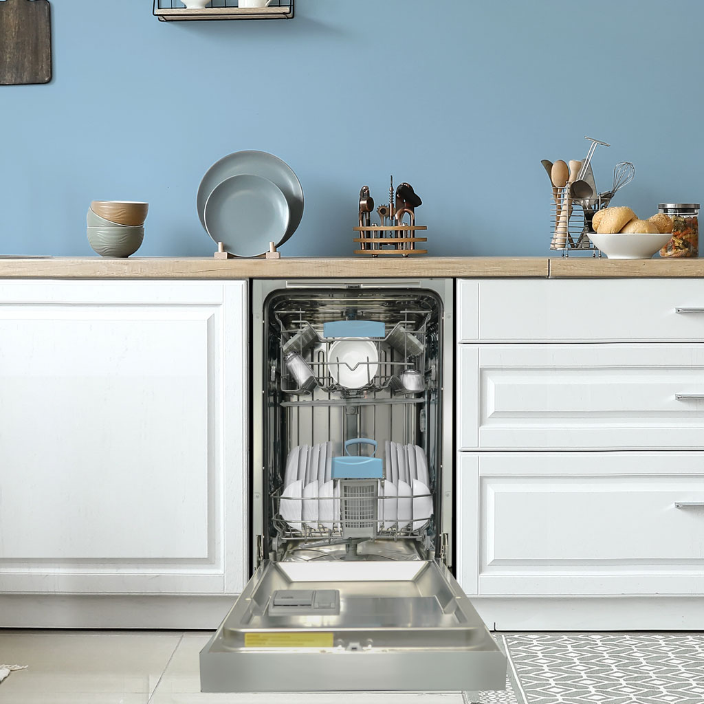 Danby appliances 18 inch built in dishwasher stainless steel DDW18D1ESS open with loaded racks showing plates, cups, and utensils inside a kitchen setting