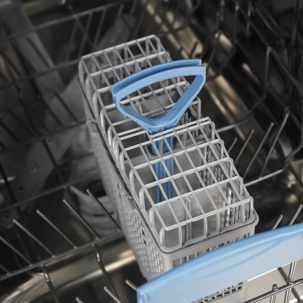 Danby appliances 18 inch built in dishwasher white DDW18D1EW upper rack with blue handle and foldable tines shown in close-up view