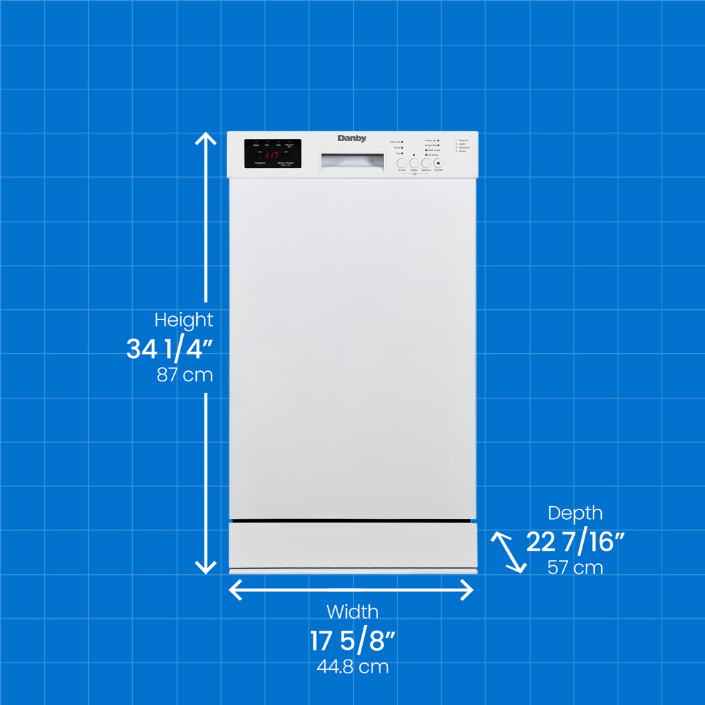 Danby appliances 18 inch built in dishwasher white DDW18D1EW with product dimensions overlay on blue background