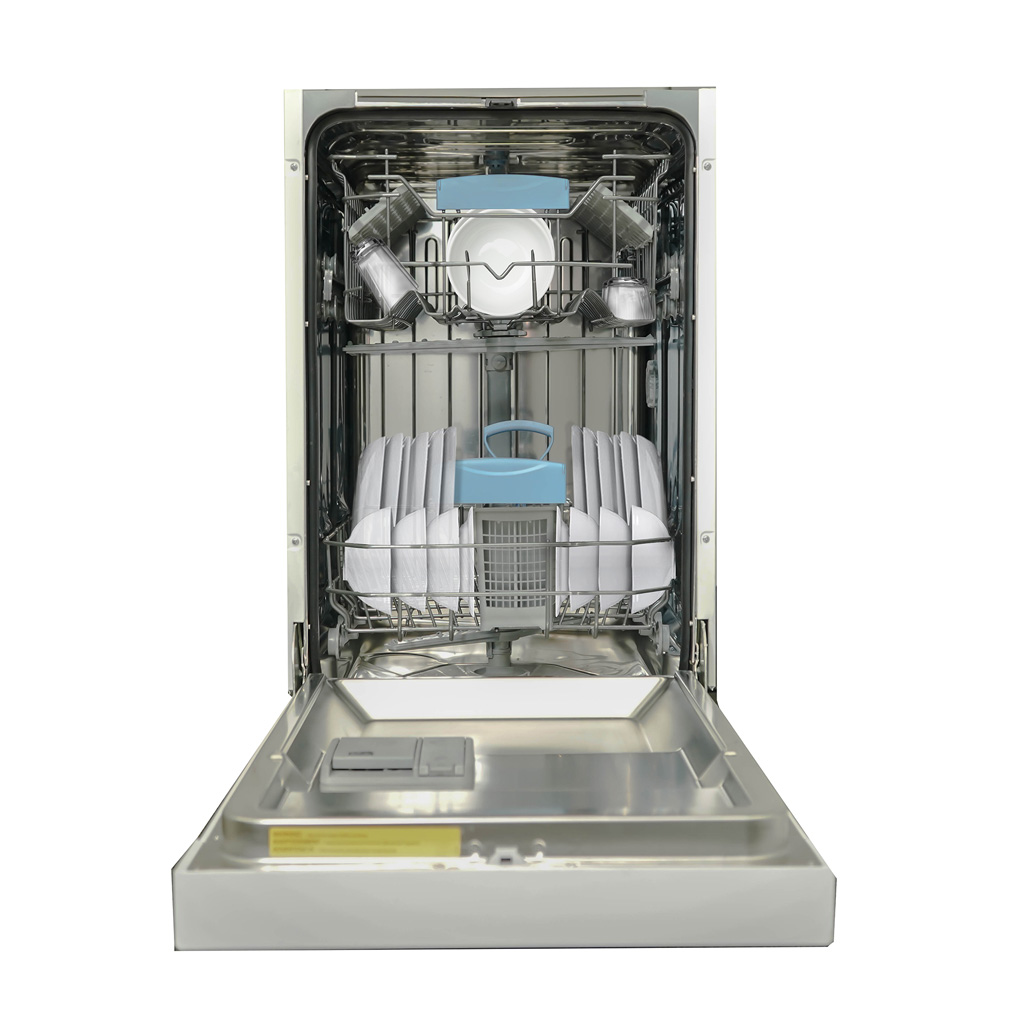 Danby appliances 18 inch built in dishwasher white DDW18D1EW interior with racks and dish layout shown in open front view