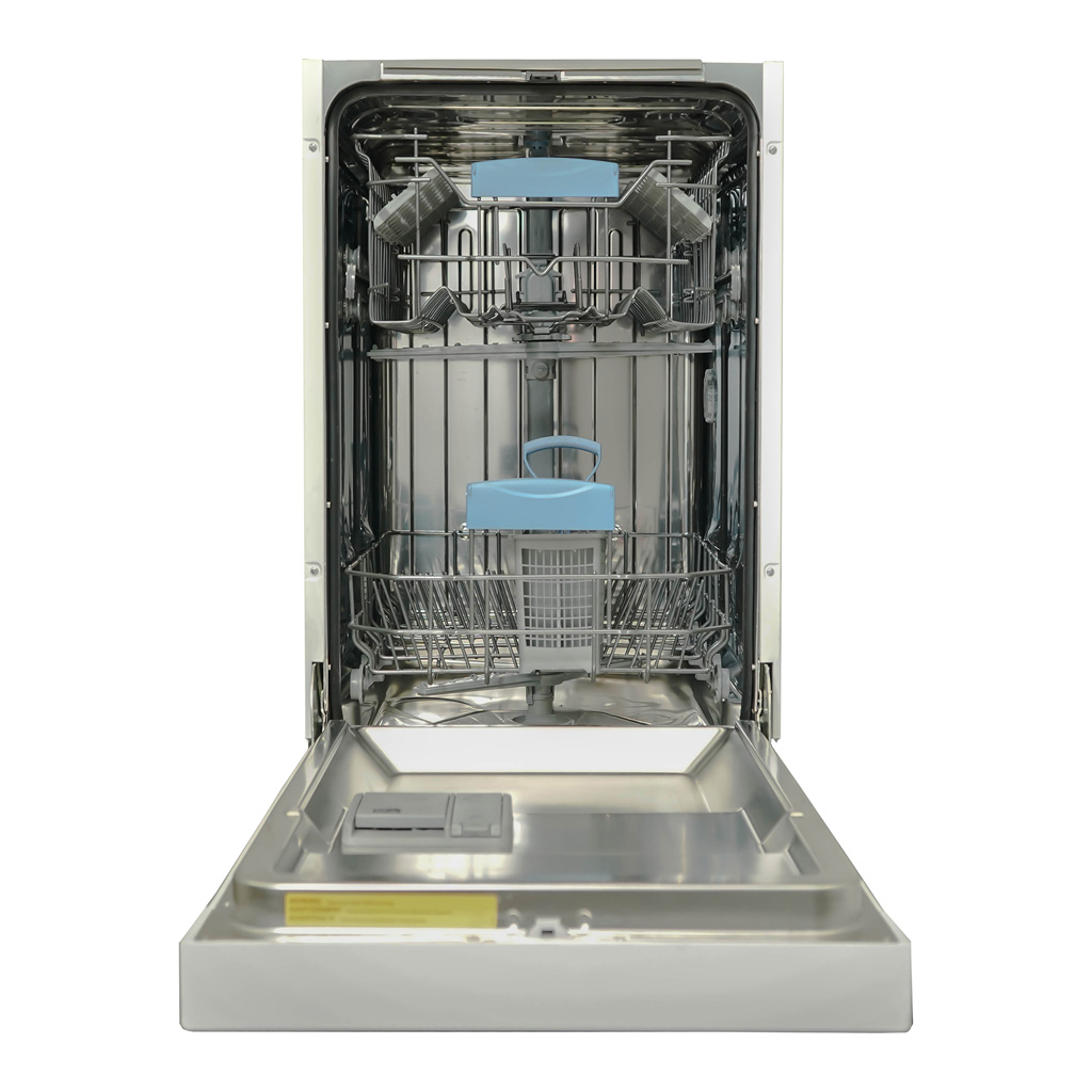 Danby appliances 18 inch built in dishwasher white DDW18D1EW interior showing upper and lower racks with utensil basket in open view