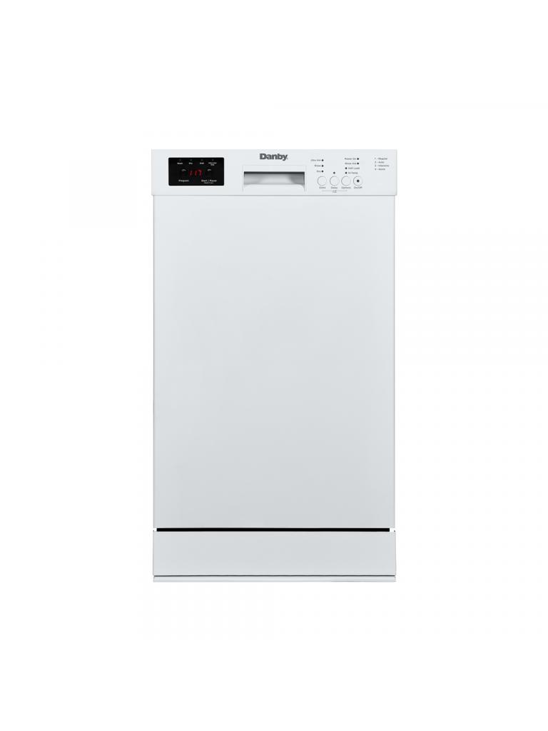 Danby appliances 18 inch built in dishwasher white DDW18D1EW with front control panel and recessed handle shown in a clean front view on a plain background