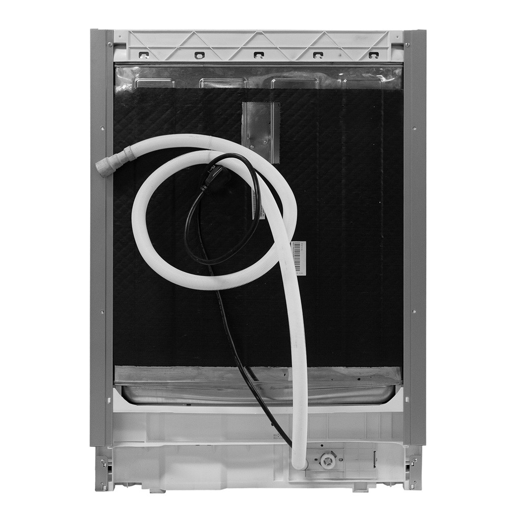 Danby appliances 24 inch built in dishwasher DDW2400ESS rear view showing water hoses and connection tubing inside cabinet opening