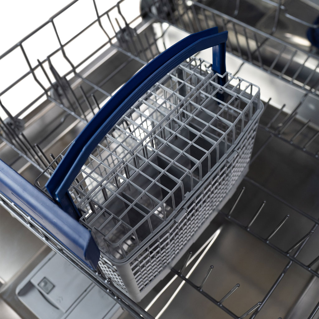 Danby appliances 24 inch built in dishwasher DDW2400ESS upper rack with blue handle and foldable tines shown in close-up view