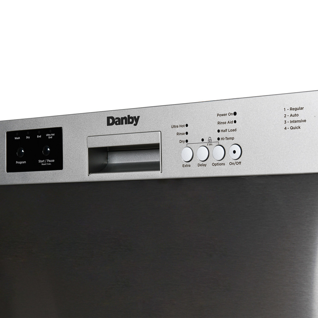 Danby appliances 24 inch built in dishwasher DDW2400ESS control panel with digital display and wash cycle buttons shown in close-up front view