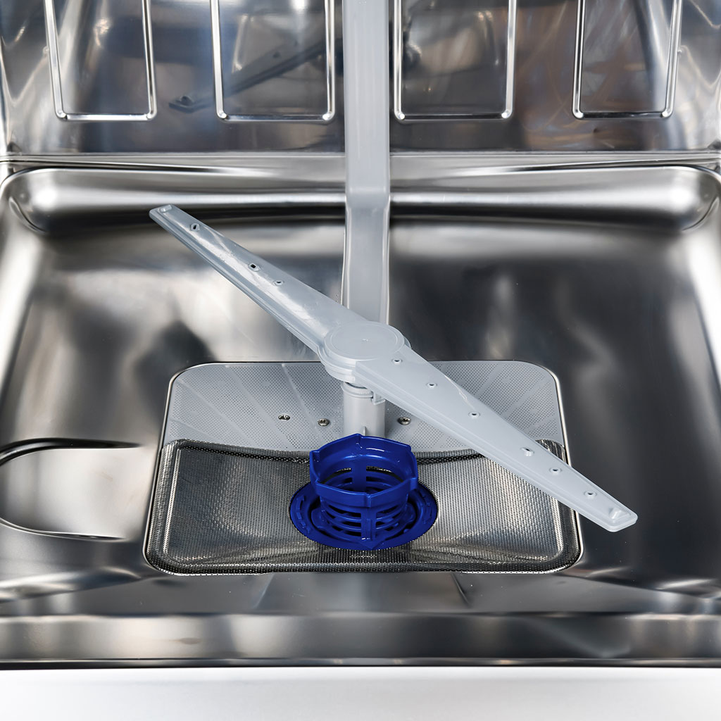 Danby appliances 24 inch built in dishwasher DDW2400ESS bottom interior with spray arm and stainless steel base shown in close-up view