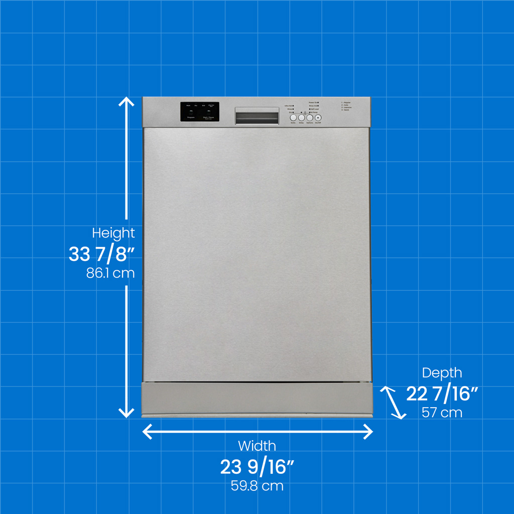 Danby appliances 24 inch built in dishwasher DDW2400ESS with product dimensions overlay on blue background