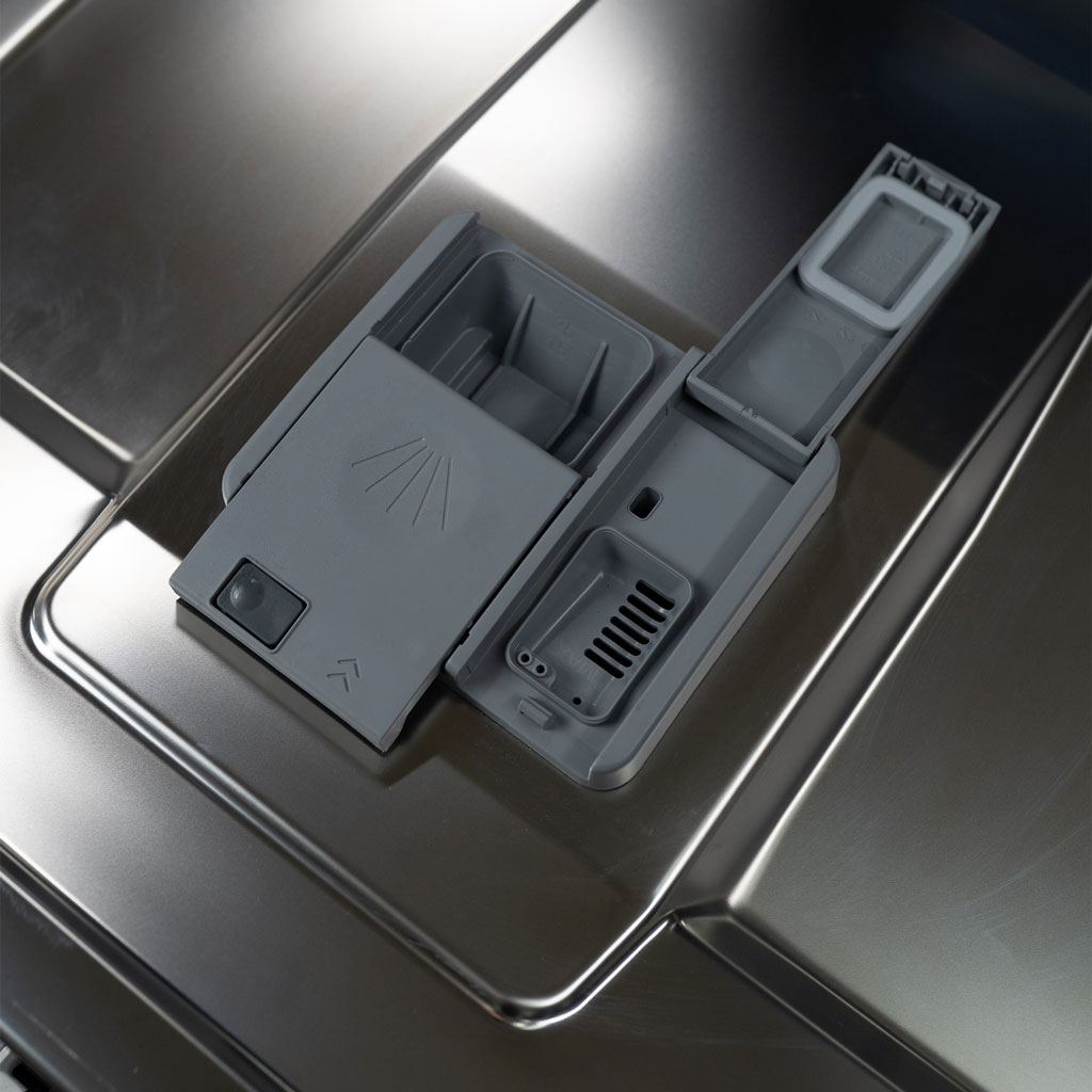 Danby appliances 24 inch built in dishwasher DDW2400ESS detergent dispenser compartment with rinse aid section shown in close-up view