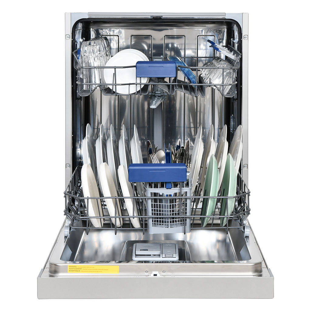 Danby appliances 24 inch built in dishwasher DDW2400ESS open with loaded racks showing plates, cups, and utensils in a kitchen setting