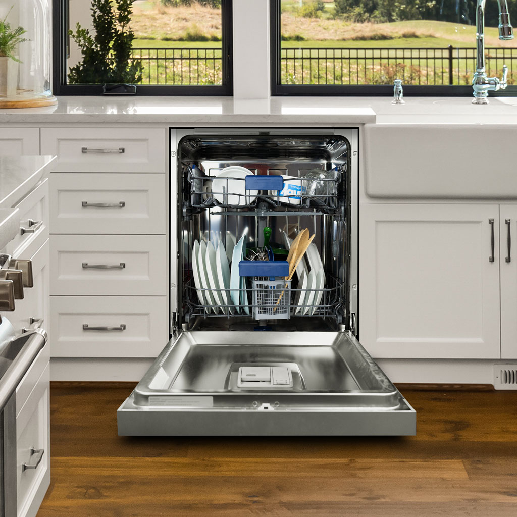 Danby appliances 24 inch built in dishwasher DDW2400ESS open with loaded racks showing plates, cups, and utensils in a kitchen settingv