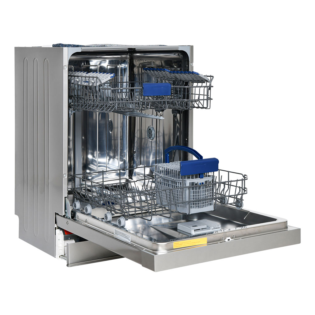 Danby appliances 24 inch built in dishwasher DDW2400ESS open angled view showing interior racks and stainless steel tub