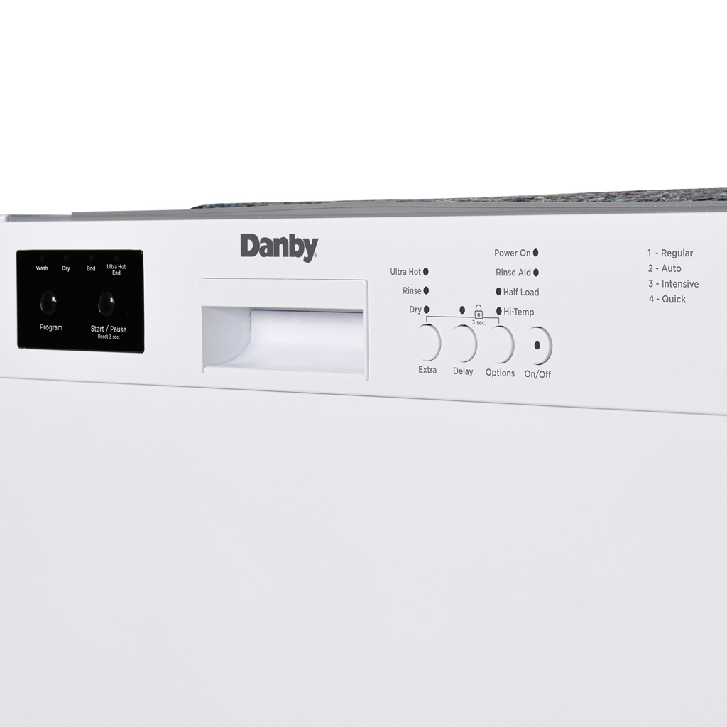 Danby appliances built in dishwasher 24 inch DDW2400EW control panel in white with digital display, push buttons for wash programs and options, and recessed handle shown in a close-up front view