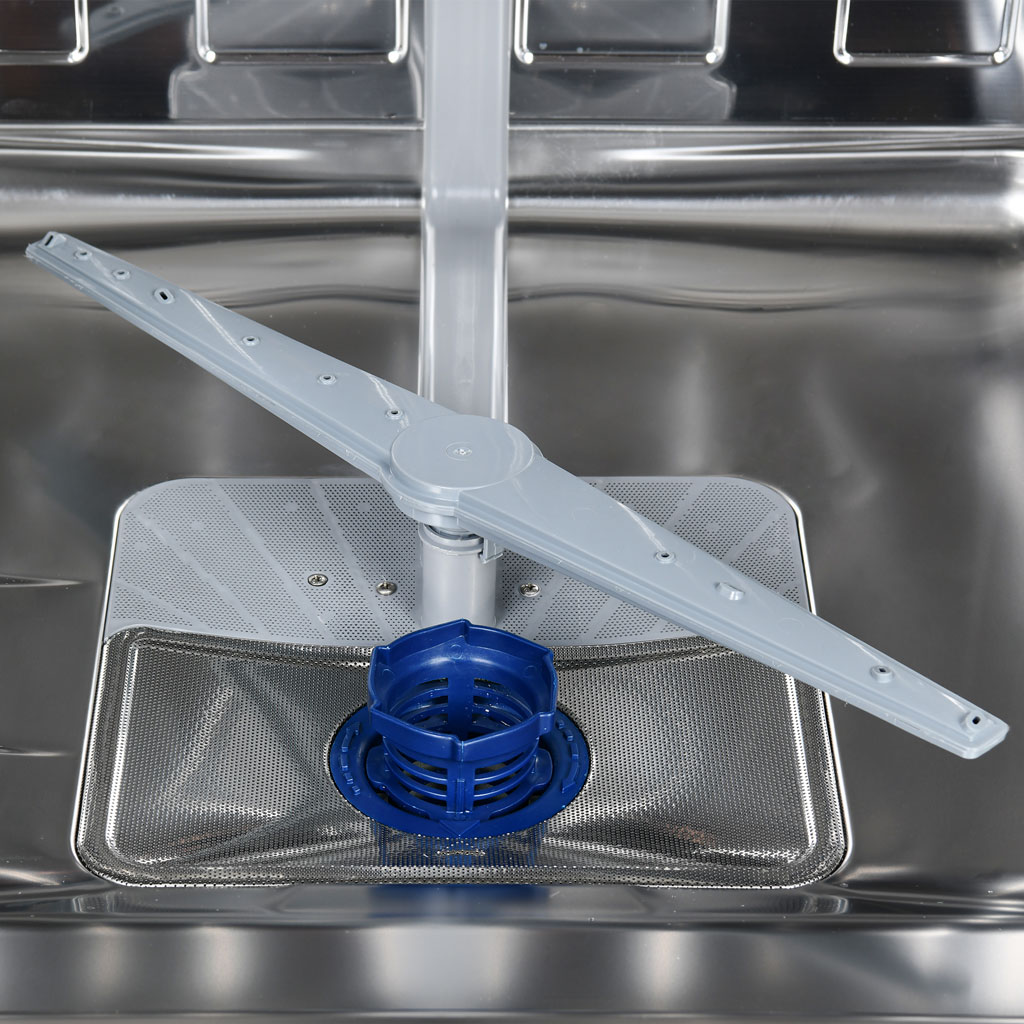 Danby appliances built in dishwasher 24 inch DDW2400EW bottom interior with spray arm, stainless steel tub, mesh filter, and central drain assembly shown in a clean close-up view