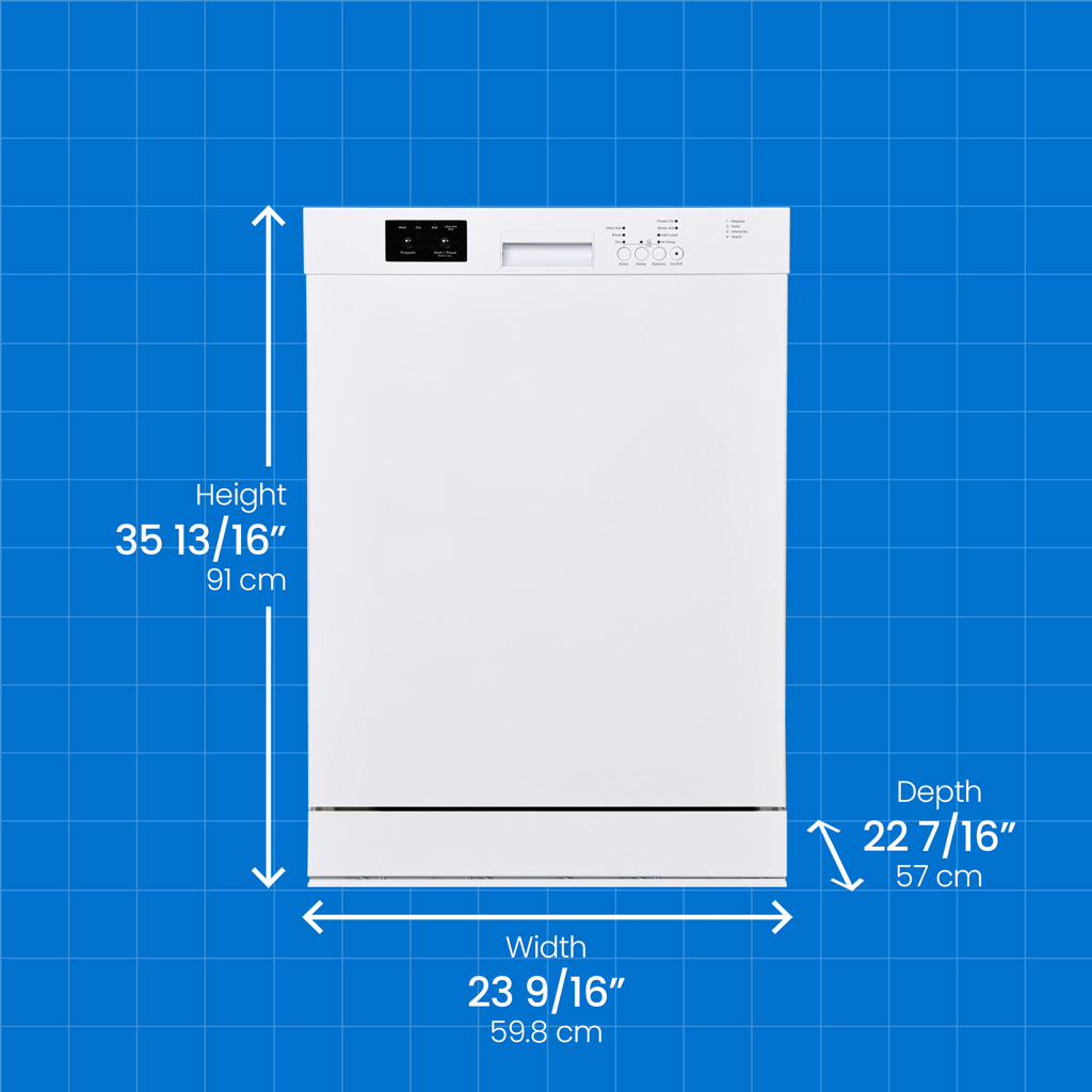 Danby appliances built in dishwasher 24 inch DDW2400EW with product dimensions showing height 35 13/16 inches (91 cm), width 23 9/16 inches (59.8 cm), and depth 22 7/16 inches (57 cm) on a blue grid background
