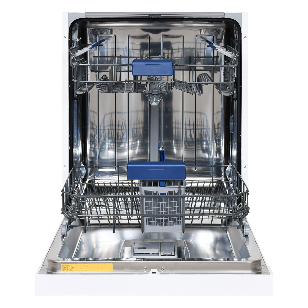 Danby appliances built in dishwasher 24 inch DDW2400EW interior view with stainless steel tub, upper and lower dish racks, blue rack handles, and utensil basket shown in a clean front-facing open position