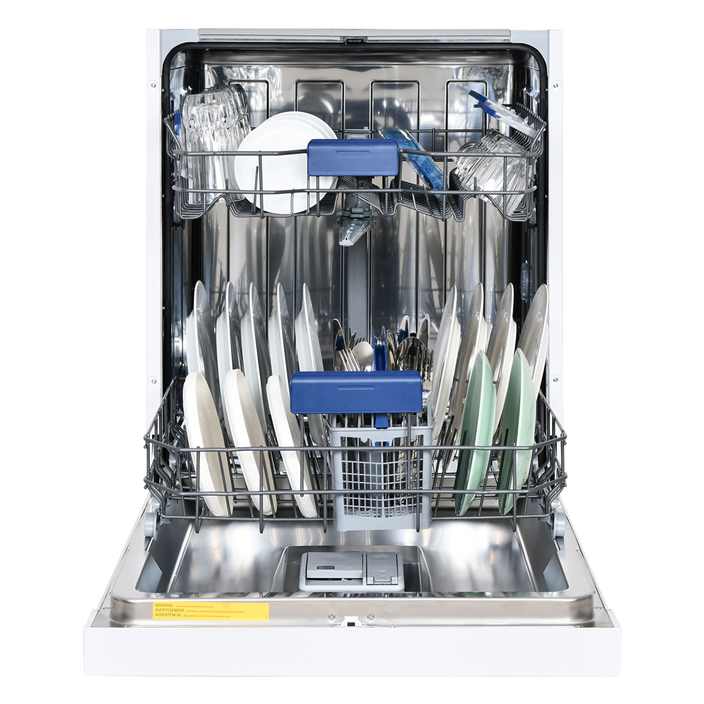 Danby appliances built in dishwasher 24 inch DDW2400EW interior loaded with dishes, showing stainless steel tub, upper and lower racks with plates, cups, and utensils arranged, and central utensil basket in a clean front-facing open view