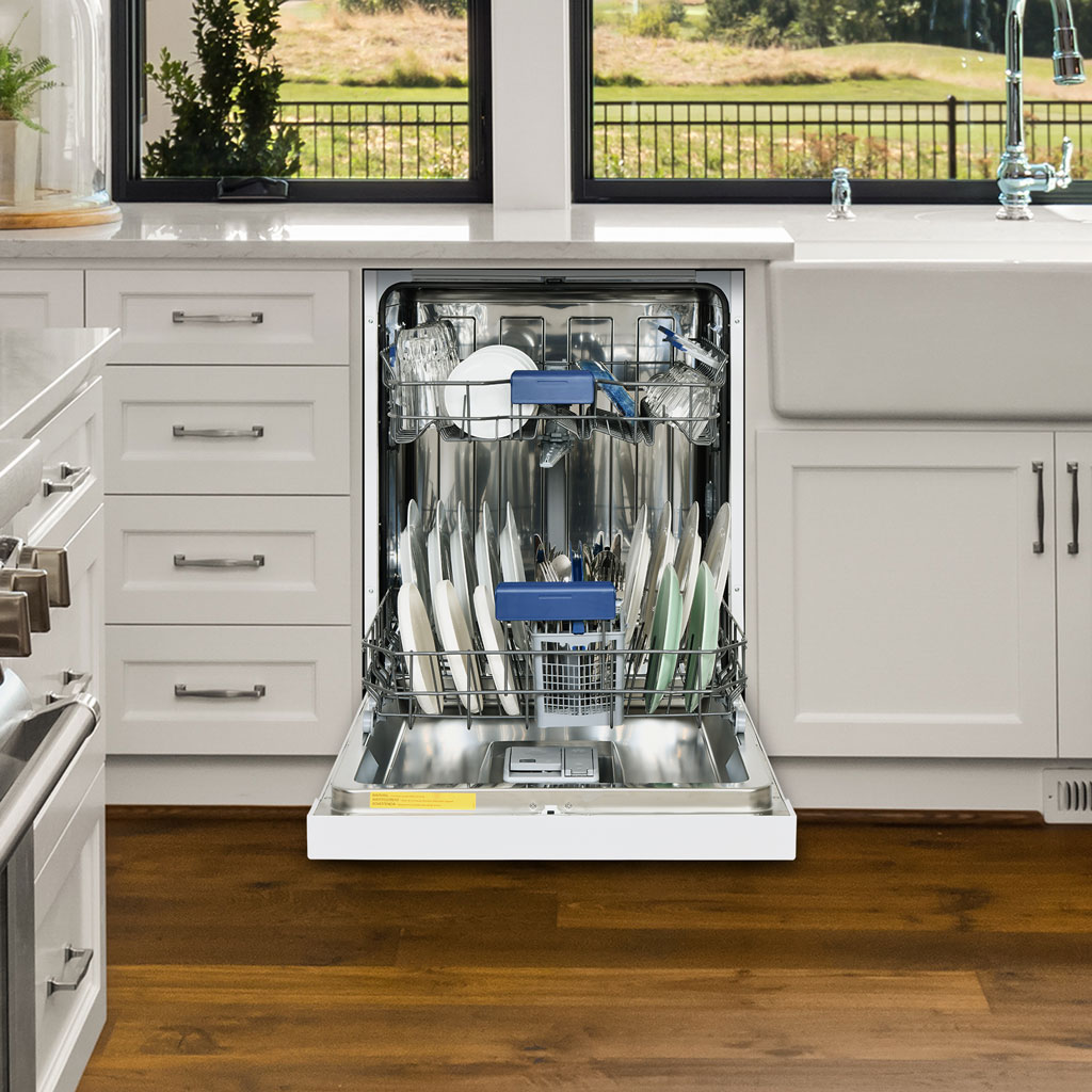 Danby appliances built in dishwasher 24 inch DDW2400EW shown installed in a modern kitchen with open door and loaded racks, displaying stainless steel interior, dishes, and utensil basket in a front view