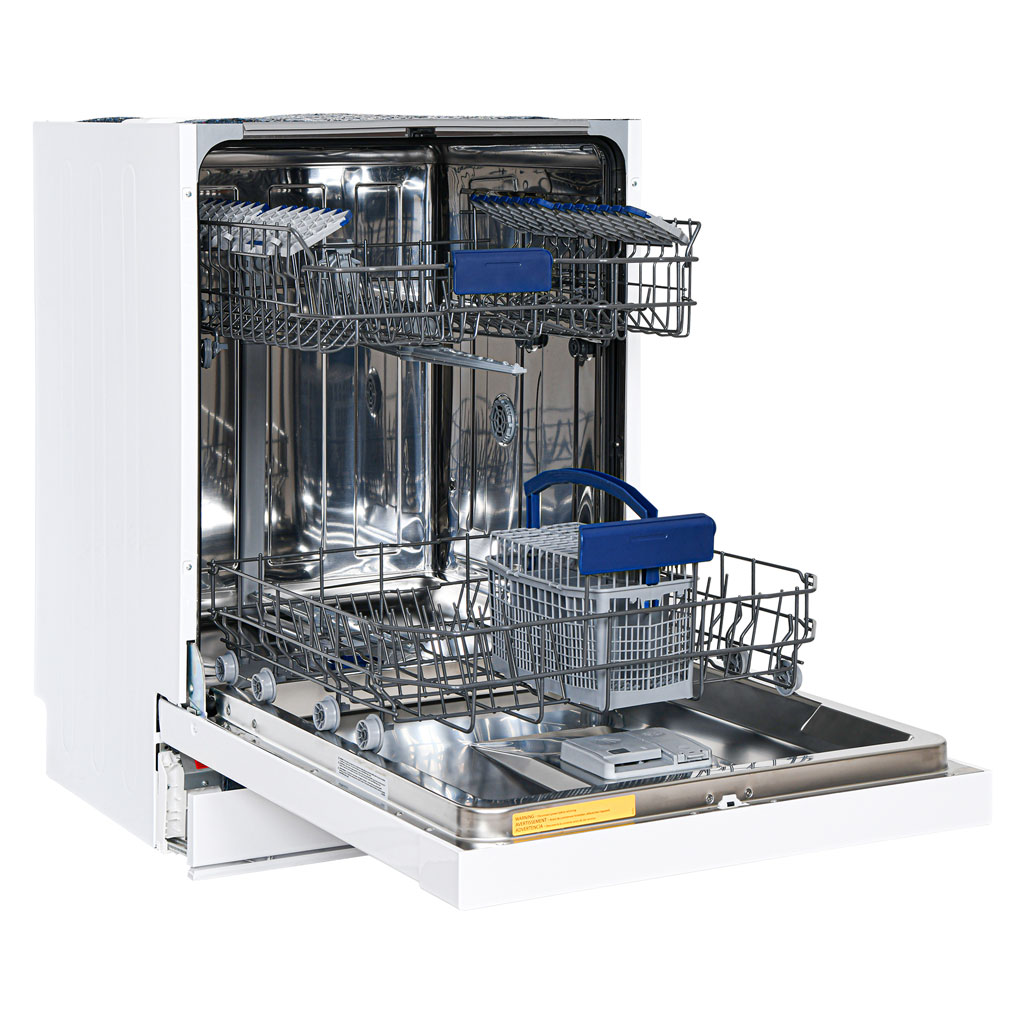 Danby appliances built in dishwasher 24 inch DDW2400EW angled interior view showing stainless steel tub, upper and lower racks, pull-out utensil basket with blue handle, and extended rack rails on a clean background