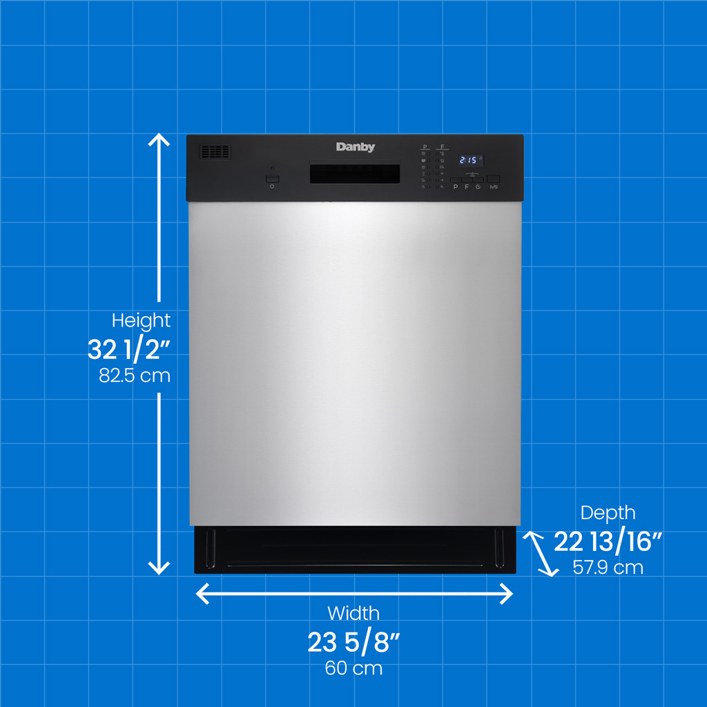 Danby DDW2404EBSS 24 inch built-in dishwasher with height width and depth measurements displayed