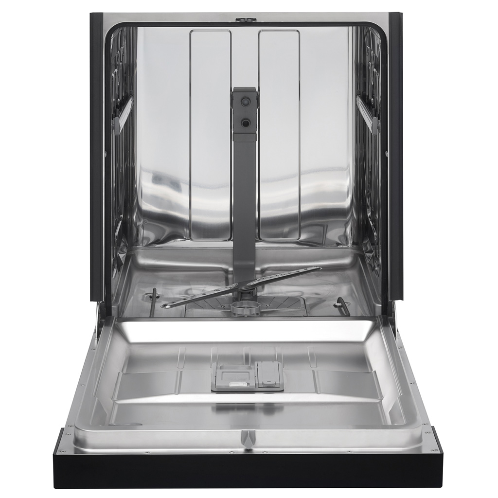 Danby DDW2404EBSS 24 inch built-in dishwasher with door open showing empty interior and racks