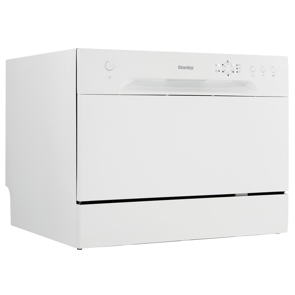 Danby 6 Place Setting Countertop Dishwasher in White 2 Danby appliances 6 place setting countertop dishwasher white DDW621WDB angled front view showing compact design, front control panel, and side panel on a plain background