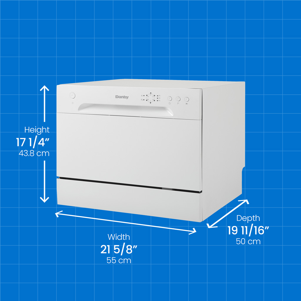 Danby 6 Place Setting Countertop Dishwasher in White 7 Danby appliances 6 place setting countertop dishwasher white DDW621WDB angled front view with product dimensions shown, including height 17 1/4 inch, width 21 5/8 inch, and depth 19 11/16 inch on a blue grid background