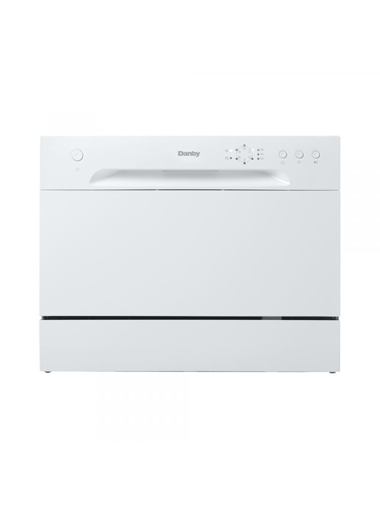 Danby appliances 6 place setting countertop dishwasher white DDW621WDB with front control panel and compact rectangular design shown in a clean front view on a plain background