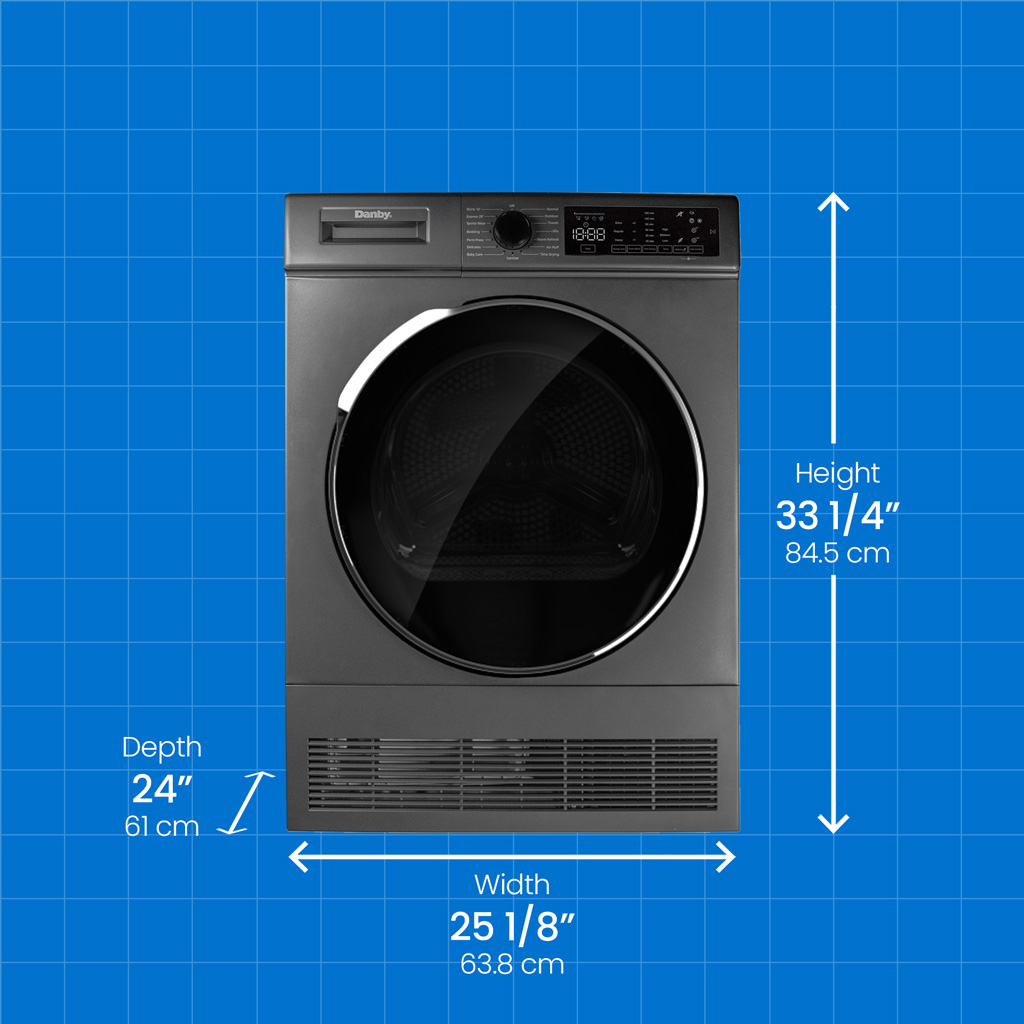Danby DDY040D1DSDB 24 inch compact condensing dryer with height width and depth measurements displayed