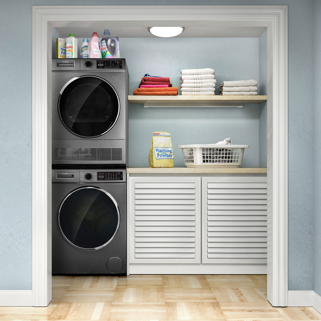 Danby DDY040D1DSDB 24 inch compact condensing dryer stacked with matching washer in vertical configuration