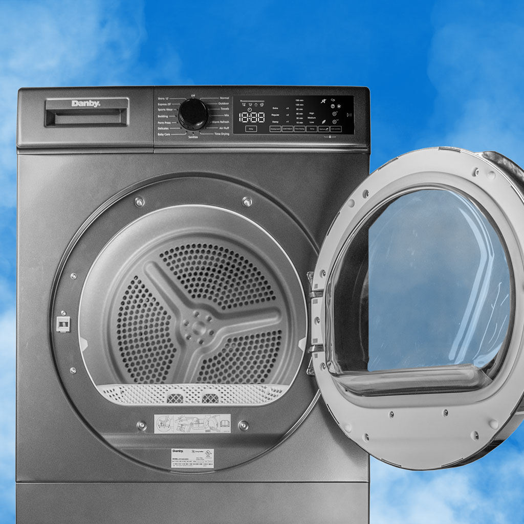 Danby DDY040D1DSDB 24 inch compact condensing dryer with door open showing interior drum and drying function