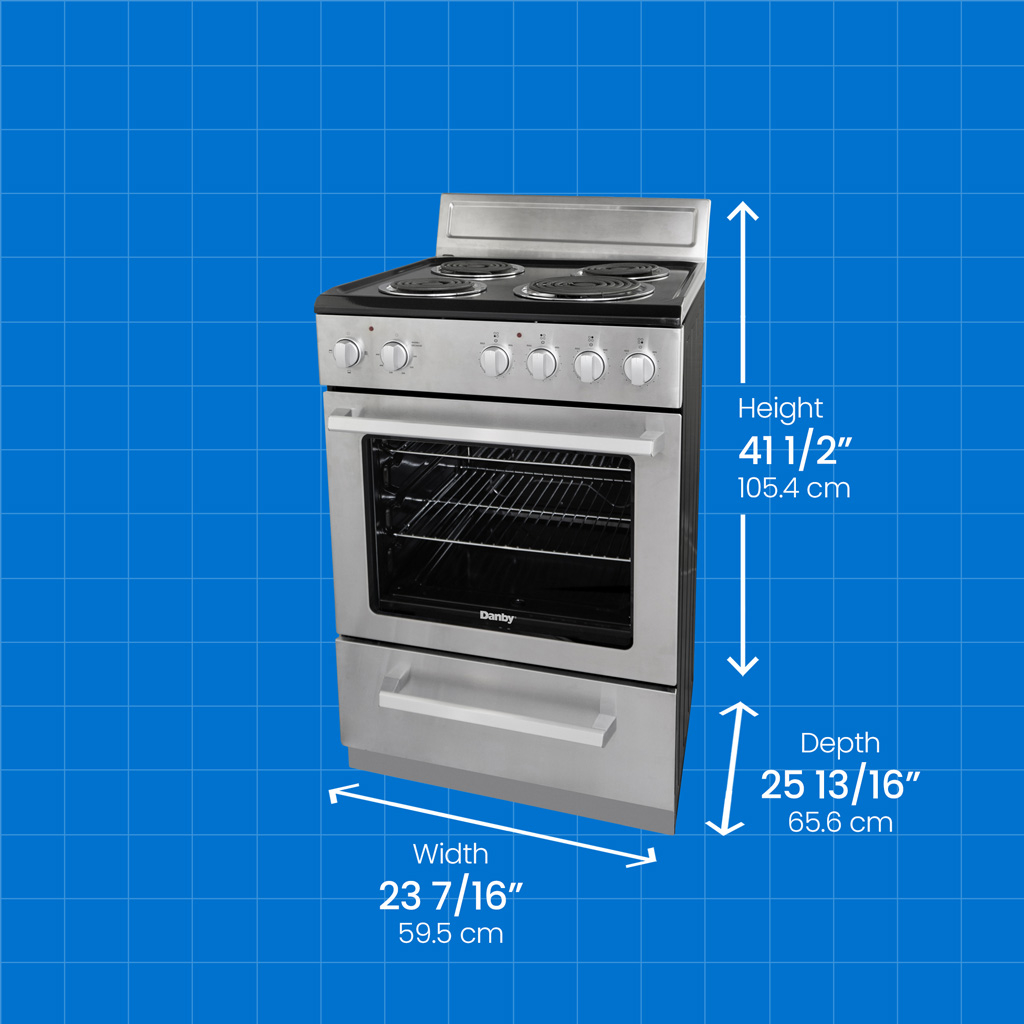 Danby DERM240BSSC 24 inch electric range with height width and depth measurements displayed