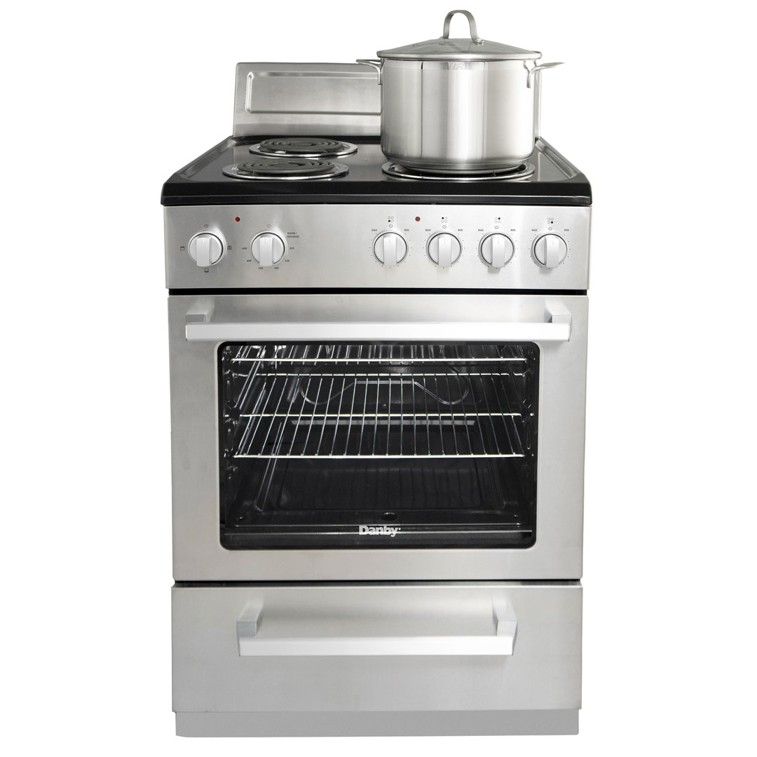 Danby DERM240BSSC 24 inch electric range with oven door open showing interior and control panel