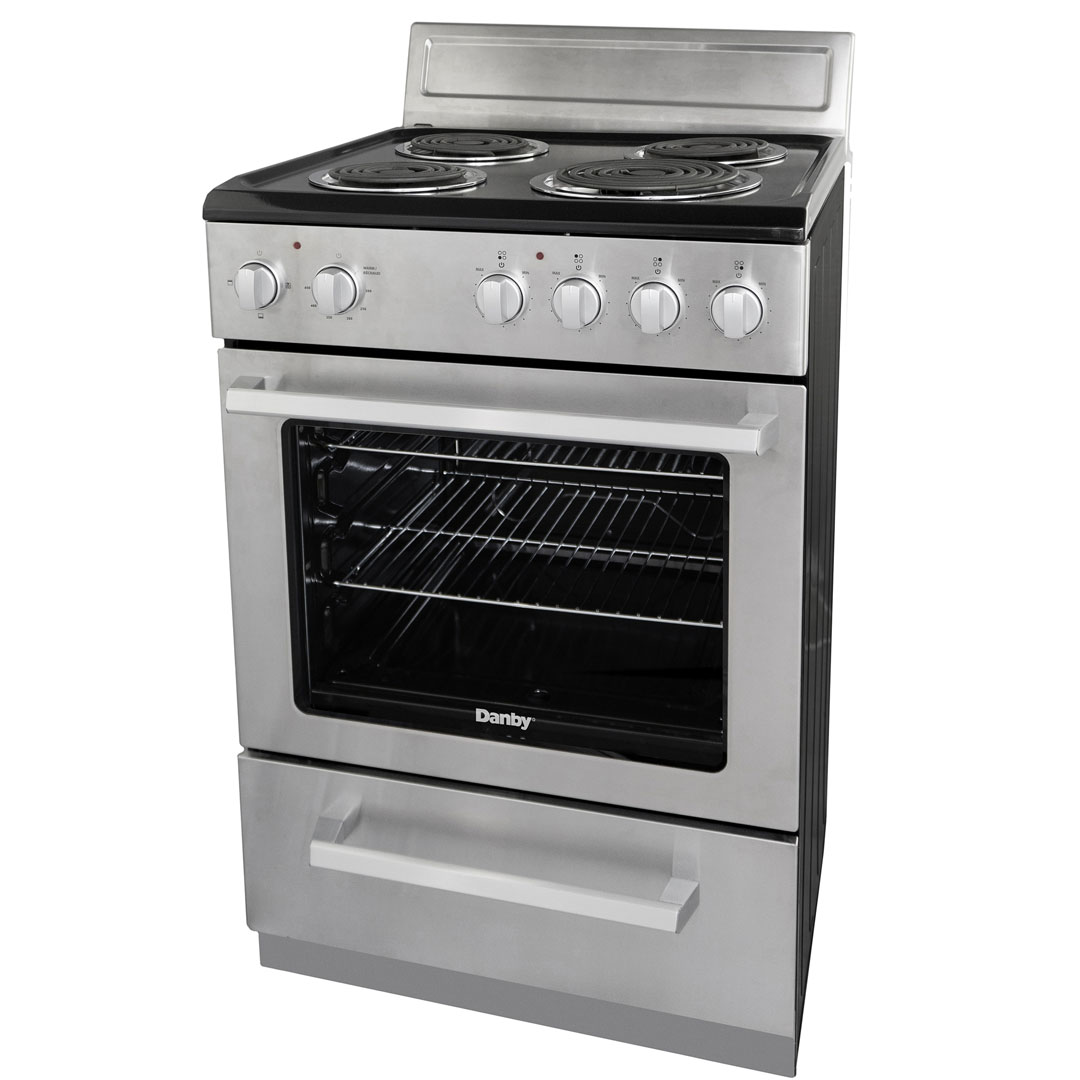 Danby DERM240BSSC 24 inch electric range left angle view showing stainless steel finish and compact design