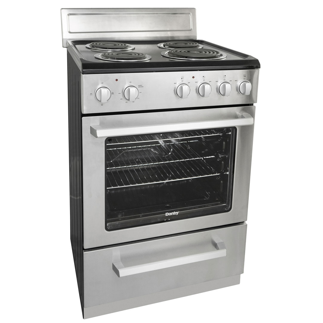 Danby DERM240BSSC 24 inch electric range right angle view showing side panel and cooktop surface